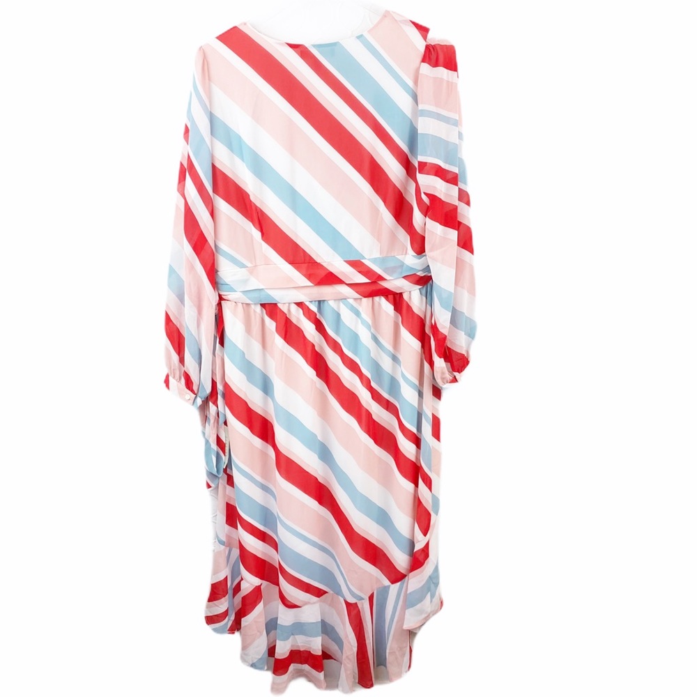 NWT Chelsea28 Wrap MIDI Dress Ruffle Striped Red Pink Faux Large - Picture 3 of 10